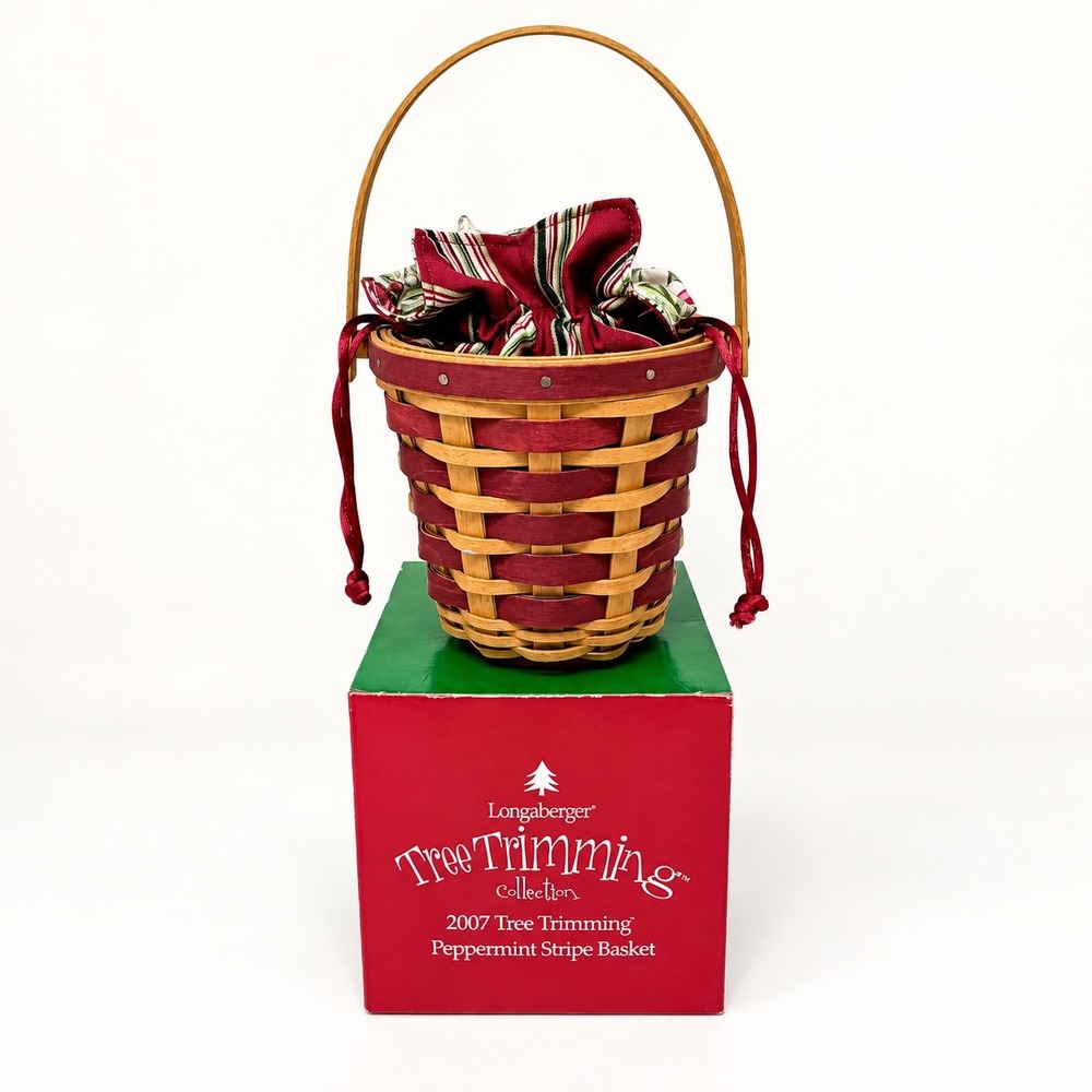 Longaberger 2007 Peppermint Stripe Tree Trimming Basket Liner Tie On Box